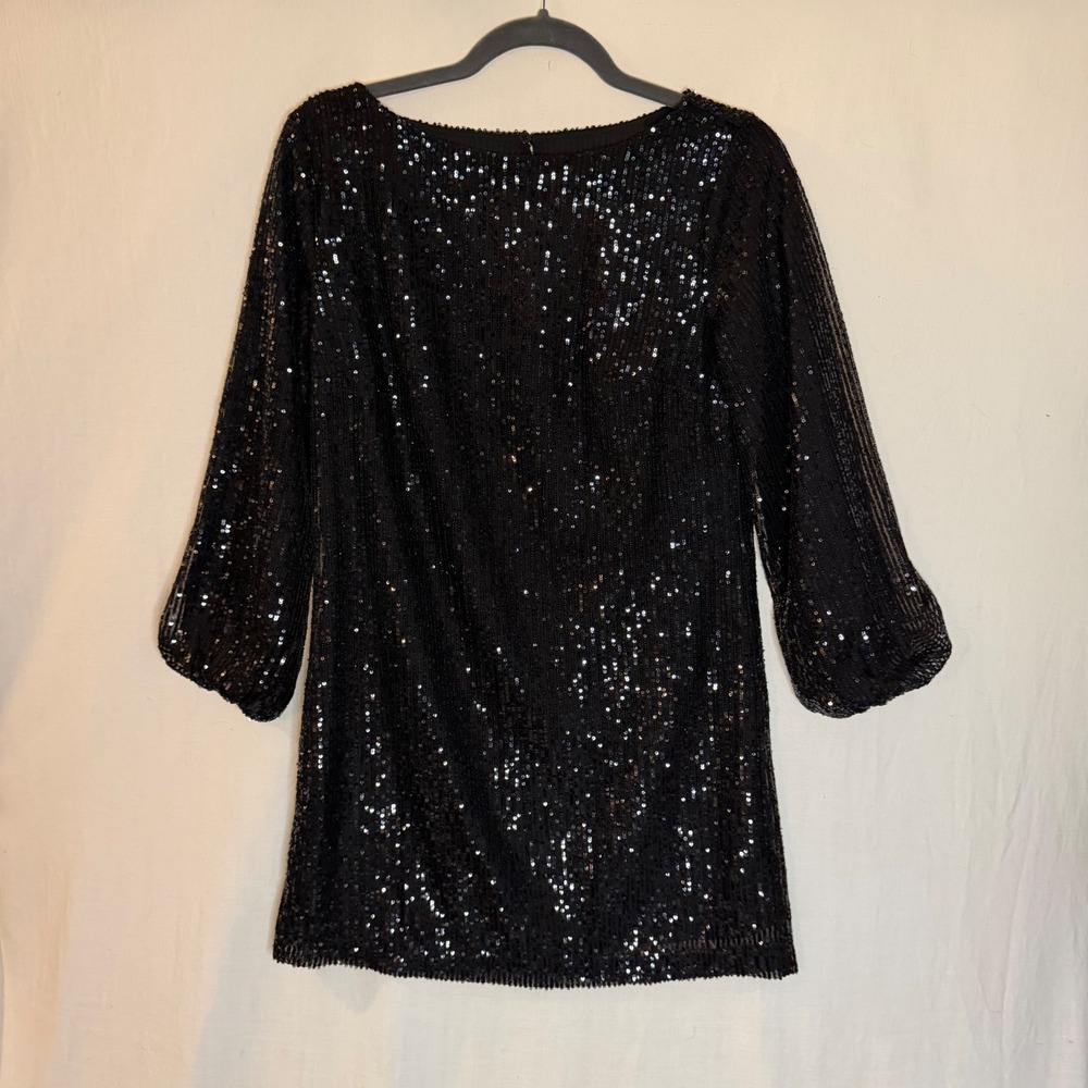 LOFT Petites Black Sequin Keyhole Back Puff Sleeve Shift Dress 4P